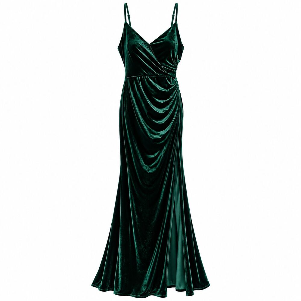 Revelry Rory Velvet Gown Dress SZ 12 Emerald Green Ruched Slit Maxi Formal NWOT